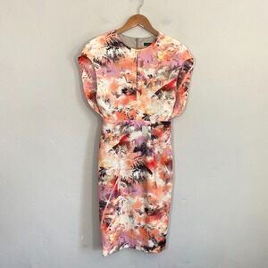 Black Halo Sheath Dress Women Size 4 Palm Leaf Tropical Multicolor Midi Career